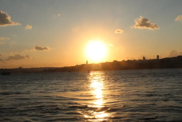 Sun reflecting on the Bosphorus at sunset in Istanbul